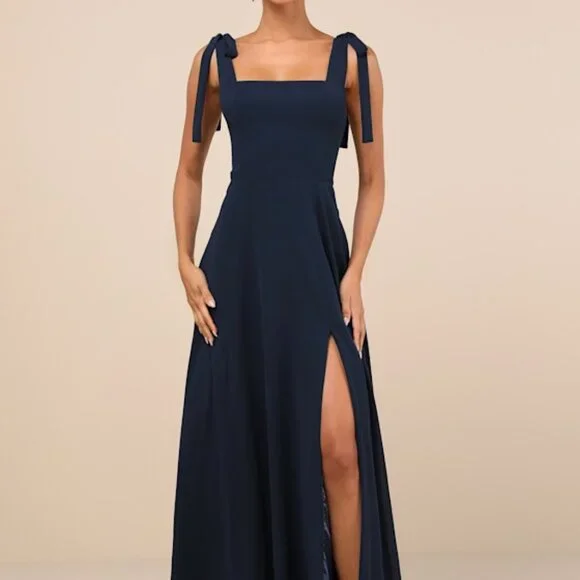 navy blue bridesmaid dresses lulus Lulus Navy Blue Ruffle V Neck Drapey Cold Shoulder Bridesmaid Maxi Dre   Brie